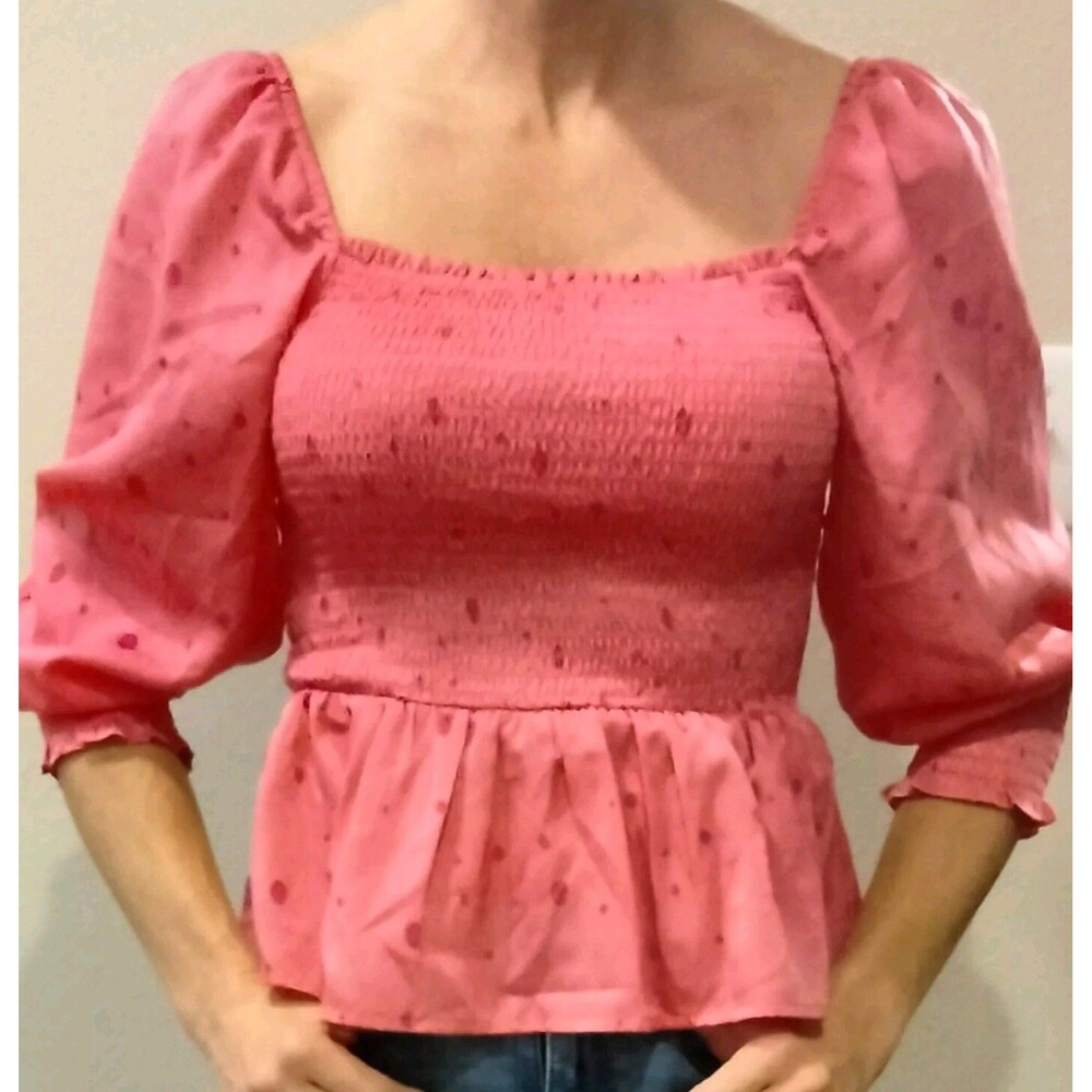 NWT Versona Womens S Pink Satin Blouse Puff Sleeve Off Shoulder Peplum Smocked